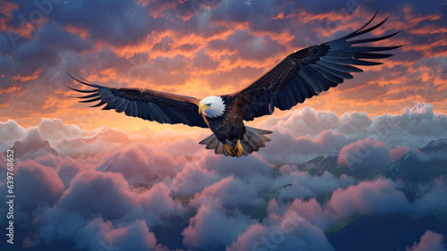 photo of Bald eagle flying above the clouds at sunset generative ai 