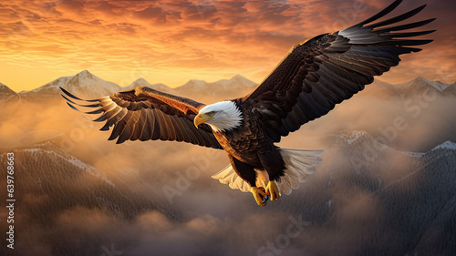 photo of Bald eagle flying above the clouds at sunset,generative ai 
