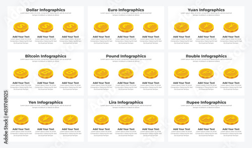Set of golden coins and different currency signs with 3d coins
