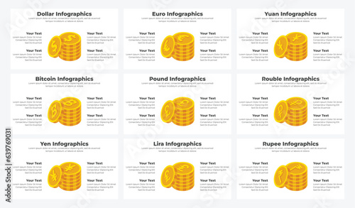 Set of golden coins and different currency signs with 3d coins
