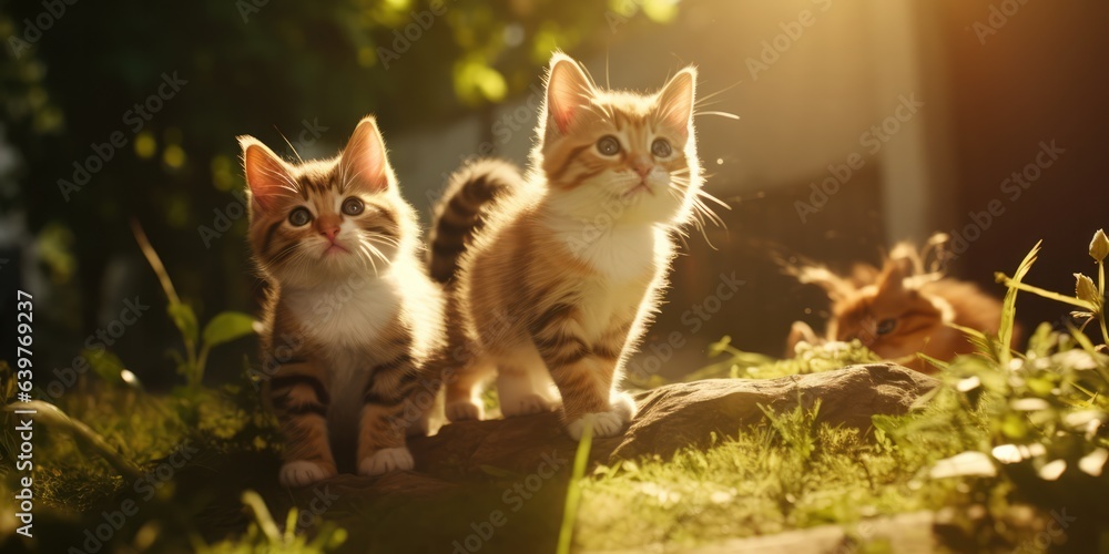 illustration of kittens in the yard, generative AI illustration of kittens in the yard, generative AI