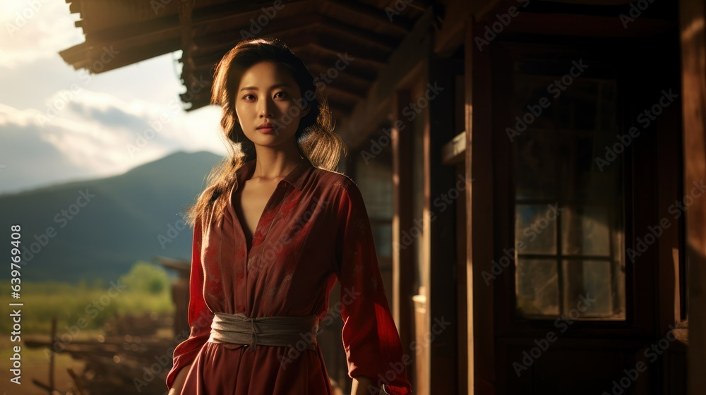 Fototapeta premium Beautiful Portrait of a Fictional Traditional Chinese Woman in Rural China. Generative AI.