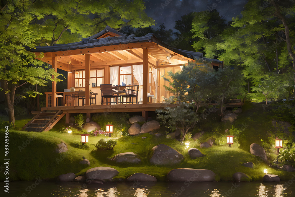 Obraz premium Riverside cottage. Generative AI.