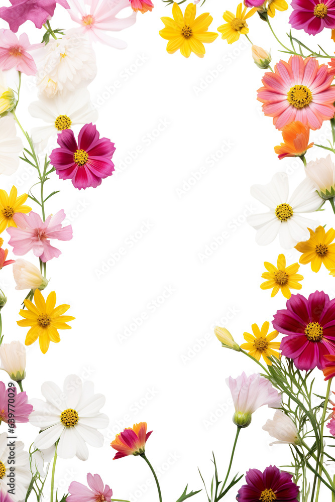 Beautiful summer garden flowers. Cosmos, aster, coreopsis, zinnia, and daisy flower frame border isolated on a white background. Creative layout Beautiful summer garden flowers. Cosmos, aster, coreopsis, zinnia, and daisy flower frame border isolated on a white background. Creative layout
