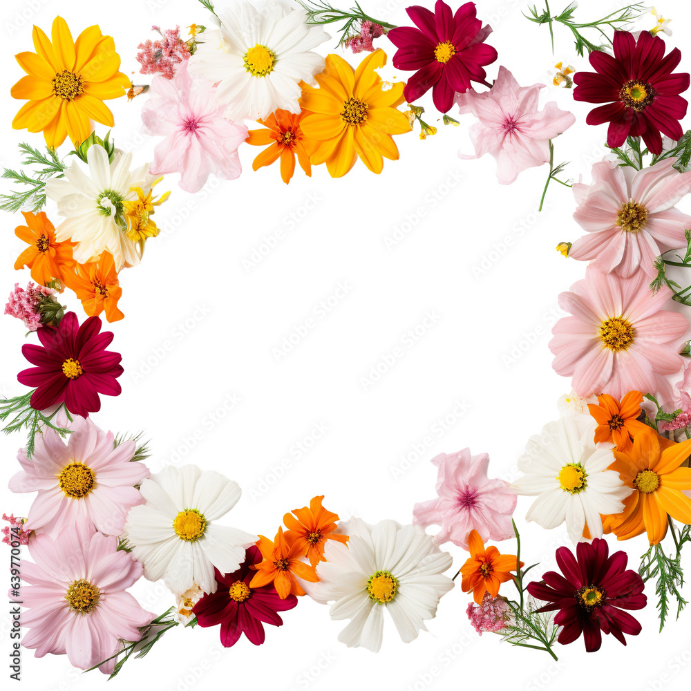 Beautiful summer garden flowers. Cosmos, aster, coreopsis, zinnia, and daisy flower frame border isolated on a white background. Creative layout Beautiful summer garden flowers. Cosmos, aster, coreopsis, zinnia, and daisy flower frame border isolated on a white background. Creative layout