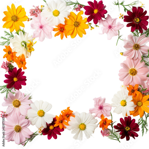 Beautiful summer garden flowers. Cosmos, aster, coreopsis, zinnia, and daisy flower frame border isolated on a white background. Creative layout © JetHuynh