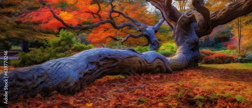 wooden tree felled in an autumn forest