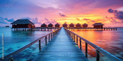 Sunset on Maldives island  luxury water villas resort and wooden pier. Beautiful sky and clouds generative ai