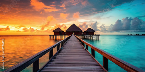 Sunset on Maldives island  luxury water villas resort and wooden pier. Beautiful sky and clouds generative ai