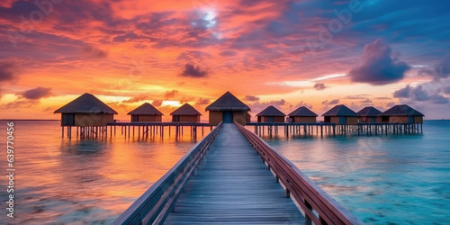 Sunset on Maldives island  luxury water villas resort and wooden pier. Beautiful sky and clouds generative ai