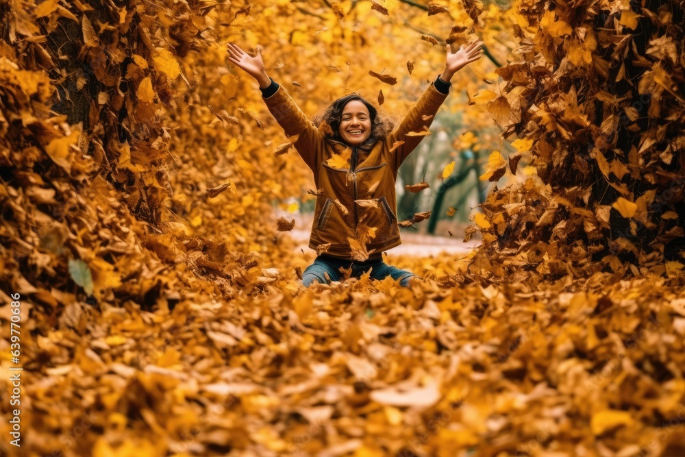 Φωτογραφία woman,boy,kids playing in a pile of colorful autumn leaves