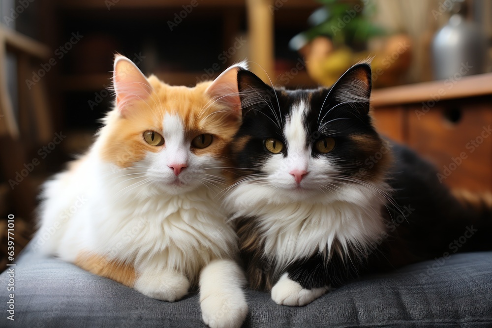 Black and white cat on sofa together orange cat fat. Generative AI.