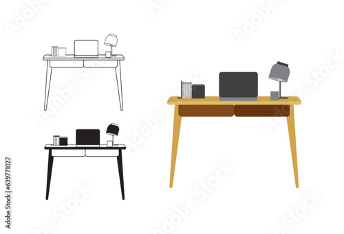 An illustration of a business office desk depicted in line art style, with variations available in both filled vector and colorful vector formats.