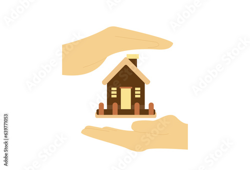 a home care icon in a clean and modern flat style. It features a hand holding a simple house symbol, symbolizing the concept of providing care and attention to homes. The illustration is set against 