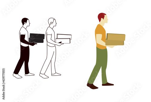  a man holding boxes in his hands, symbolizing the act of moving to a new office space, transitioning housing, or acquiring a new apartment. This depiction is presented through flat cartoon characters