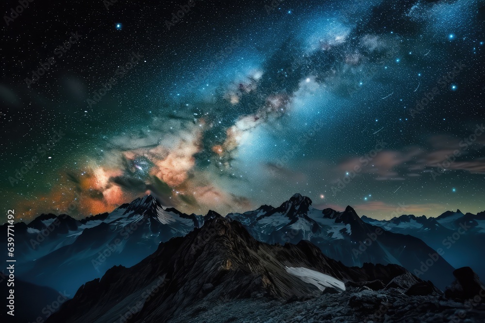 Mountains landscape in the night. Northern lights and milky way on the sky. Fantasy winter scene. Mountains landscape in the night. Northern lights and milky way on the sky. Fantasy winter scene.