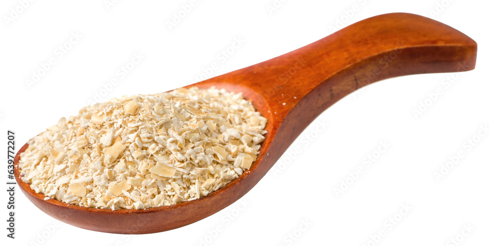 Raw oat bran in the wooden spoon, isolated on white background. Raw oat bran in the wooden spoon, isolated on white background.