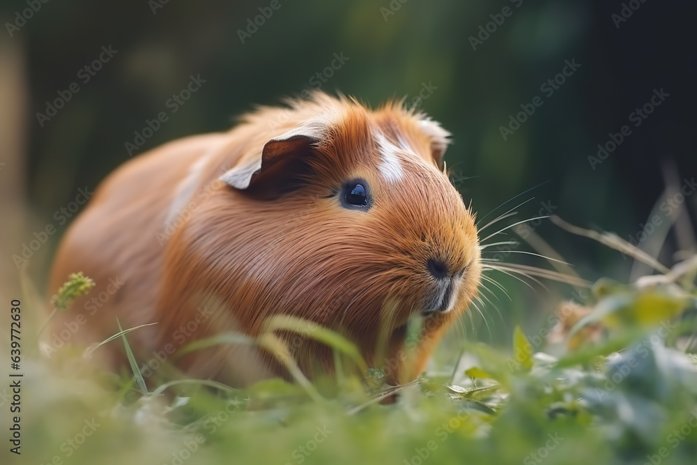 Image of guinea pig resting on green pasture grass on summer. Pet. Animals. Illustration. Generative AI. Image of guinea pig resting on green pasture grass on summer. Pet. Animals. Illustration. Generative AI.