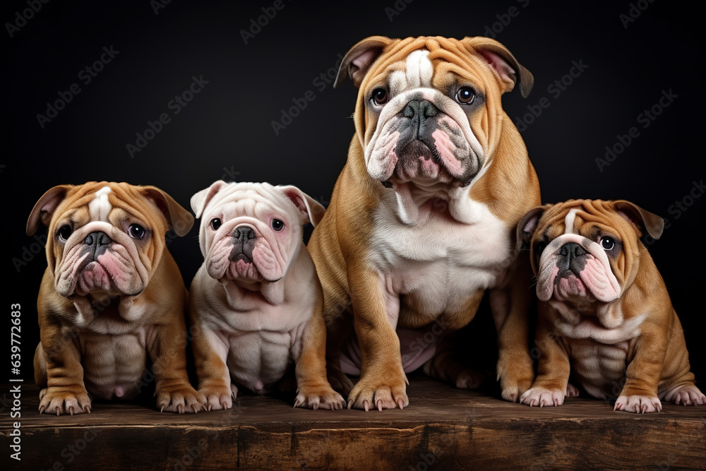 Image of group of bulldogs on a black background. Pet. Animals. Illustration, Generative AI.