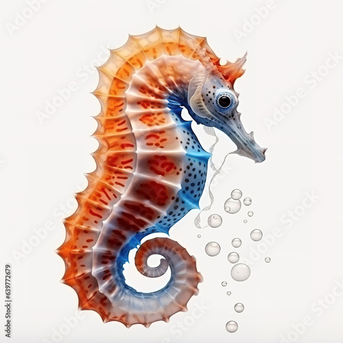 Image of seahorse on white background. Undersea animals. Illustration, Generative AI.