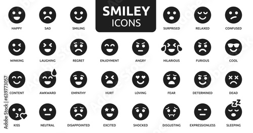 Smiley icon set. Containing happy, sad, smiling, surprised, angry, relaxed, confused, laughing, excited, disappointed and shocked emoticon icons. Emoji icon collection. Vector illustration.