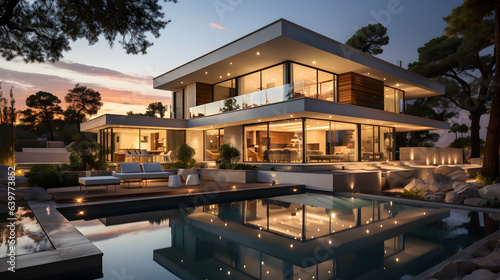 Exterior of modern minimalist cubic villa with swimming pool at sunset © Samira