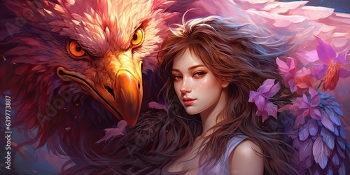 illustration of a woman and a griffin, generative AI