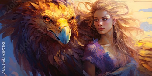 illustration of a woman and a griffin, generative AI