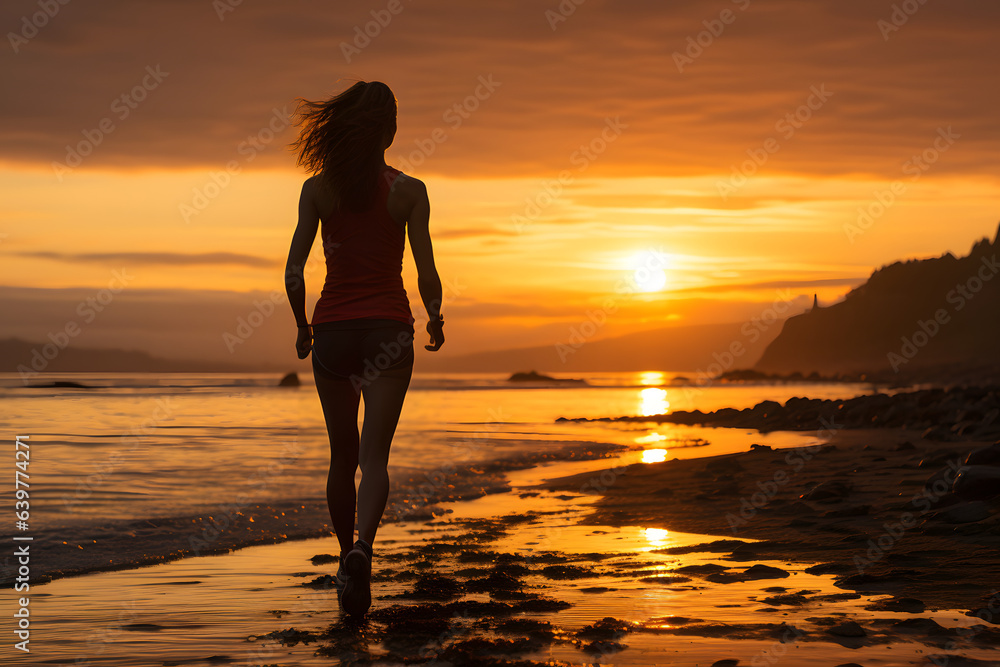 Fototapeta premium Sporty woman runs along a pristine beach shoreline, feet imprinting the wet sand, with waves crashing and golden hour sunlight casting a radiant silhouette against the vast ocean