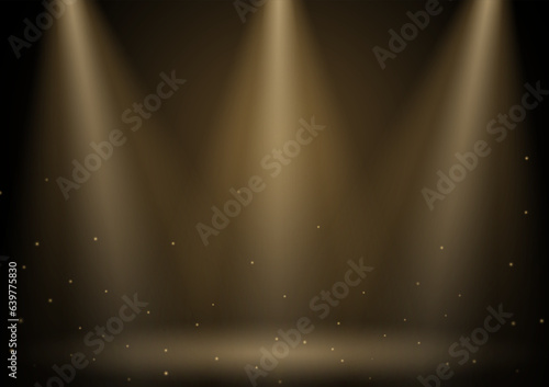 Golden Stage With Glowing Spotlight and Golden Glitter Lights  Background. Golden Stage Background. Vector Illustration.