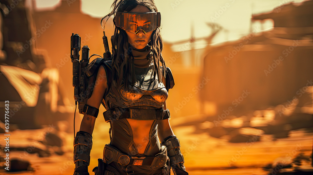 Neo-Noir Sci-Fi scene showing an expert female bounty hunter, ready for conflict in a lawless setting Neo-Noir Sci-Fi scene showing an expert female bounty hunter, ready for conflict in a lawless setting