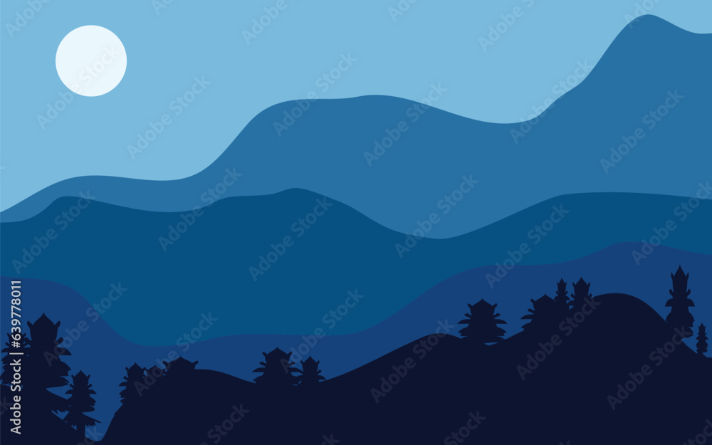 mountain landscape night scene blue color illustration flat design for background with silhouette of pine trees