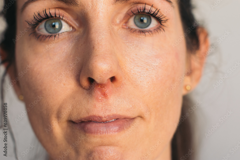 Portrait of woman looking straight ahead with herpes sore under nose Portrait of woman looking straight ahead with herpes sore under nose