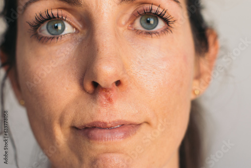 Portrait of woman looking straight ahead with herpes sore under nose photo