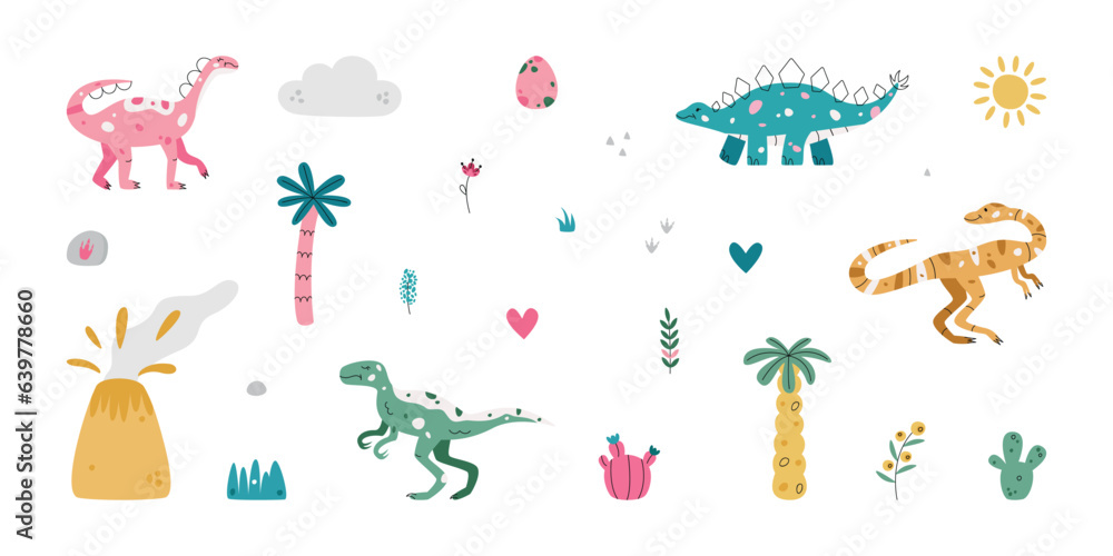 Flat hand drawn vector illustrations of prehistoric era