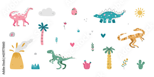Flat hand drawn vector illustrations of prehistoric era