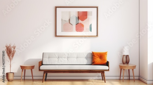 Art poster frame on white wall above gray bench in mid-century interior design of modern living room