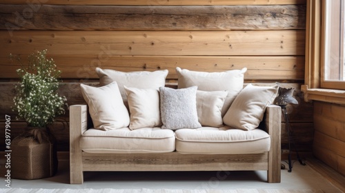 Beige loveseat sofa in small room. Interior design of modern rustic living room