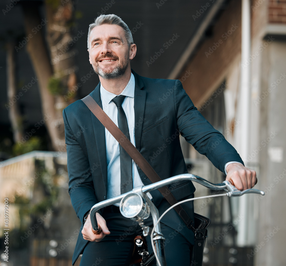 Mature man, business and bicycle outdoor for professional career, travel and transportation. Happy entrepreneur person with a bike for cycling, carbon footprint and sustainability on urban journey Mature man, business and bicycle outdoor for professional career, travel and transportation. Happy entrepreneur person with a bike for cycling, carbon footprint and sustainability on urban journey