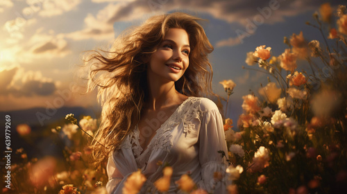 A beautiful girl with a smile on her face, dressed in light summer clothes, sits among wild flowers, a beautiful sunset.