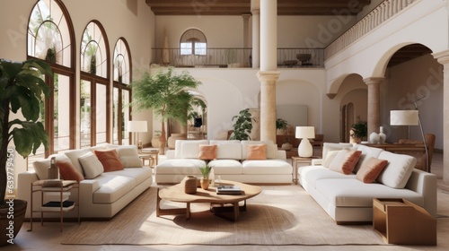 Beige sofa and terra cotta cushions in room with high ceiling an