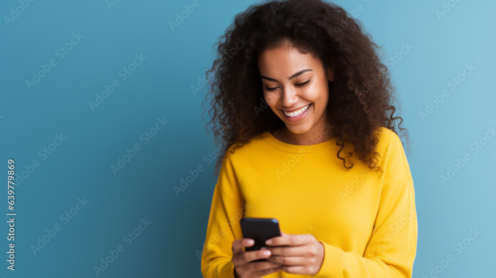 woman with phone, A cheerful young Latin woman radiating happiness, her genuine smile lighting up her face as she holds a mobile phone in her hand woman with phone, A cheerful young Latin woman radiating happiness, her genuine smile lighting up her face as she holds a mobile phone in her hand
