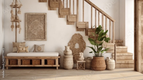 Boho interior design of modern entrance hall with wooden staircase and rustic decor pieces