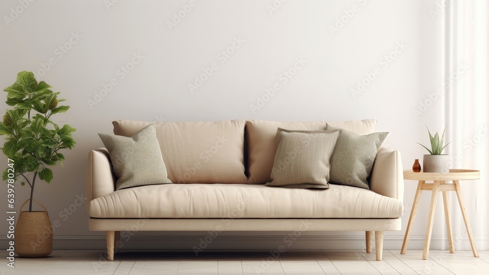 A content creation background image featuring a comfortable sofa with a plant and a table, offering a cozy and inviting setting. Photorealistic illustration, Generative AI A content creation background image featuring a comfortable sofa with a plant and a table, offering a cozy and inviting setting. Photorealistic illustration, Generative AI