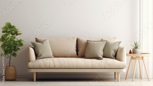 A content creation background image featuring a comfortable sofa with a plant and a table  offering a cozy and inviting setting. Photorealistic illustration  Generative AI
