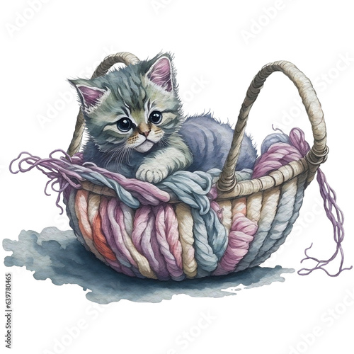 kitten in basket with yarns