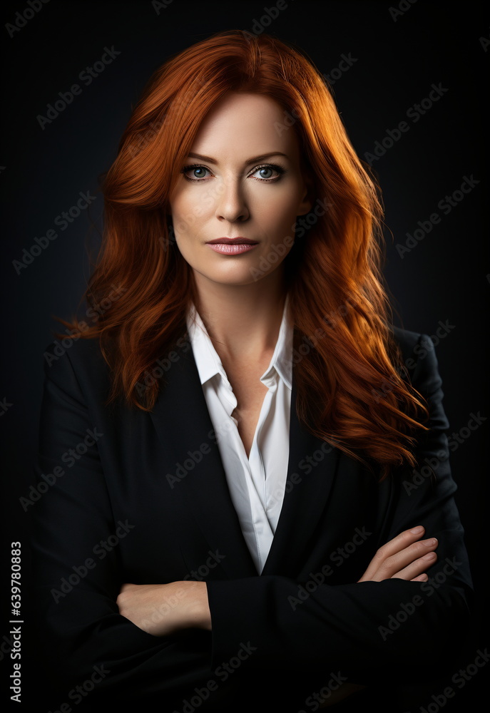 Portrait of an attractive redhead mature businesswoman with long red hair posing looking at the camera with hands over black studio photography background. Generative ai Portrait of an attractive redhead mature businesswoman with long red hair posing looking at the camera with hands over black studio photography background. Generative ai