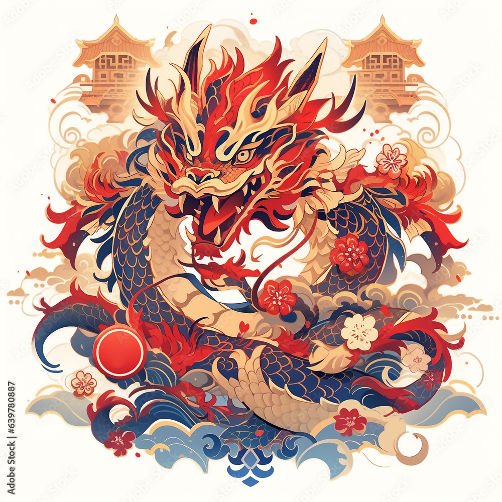Celebration of Chinese new year 2024 ,Chinese zodiac dragon. illustration fantasy anime manga Chinese red dragon,Generative Ai.