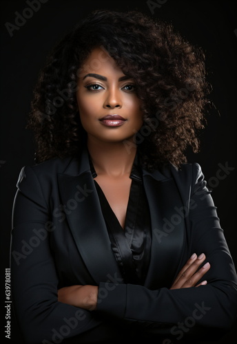 Portrait of an attractive black african mature businesswoman posing looking at the camera with hands over black studio photography background. Generative ai