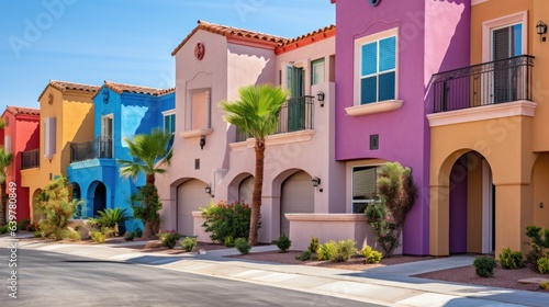Colorful stucco traditional private townhouses. Residential architecture exterior © Interior Design